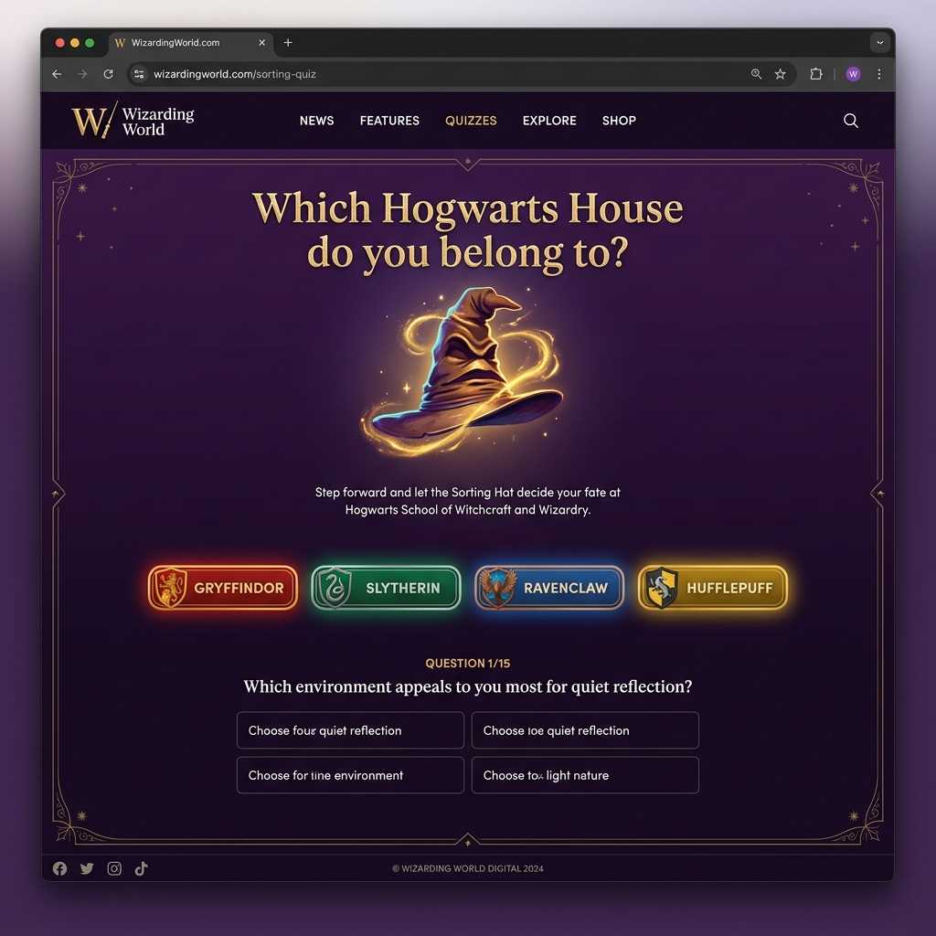 The Sorting Hat Quiz on Wizarding World — interactive and beautifully designed